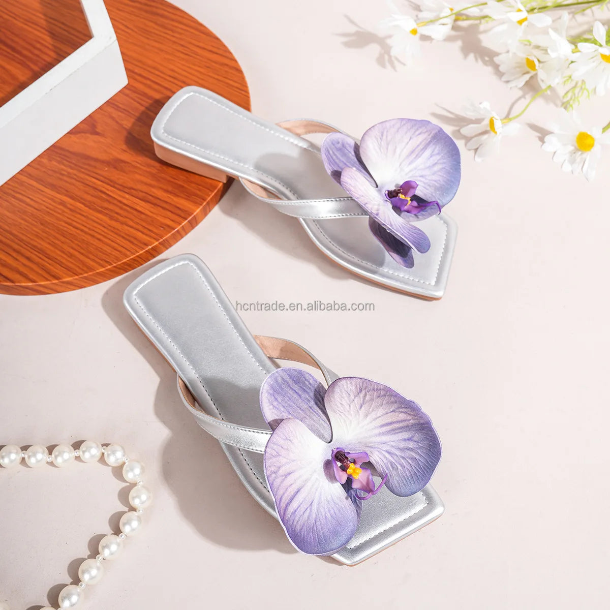 BUSY GIRL XM31 Slides slippers Women Silver Hot pink Orchid Flower Custom Summer Shoes Outdoor Beach slippers for Ladies