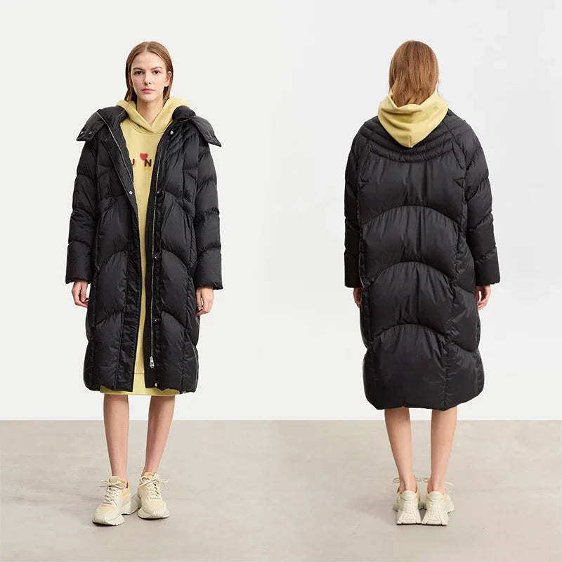 AMII-Doudoune longue à capuche en duvet de canard pour femme, manteau d'hiver pour femme, fermeture éclair, bureau, 2023, nouveau, 12324027