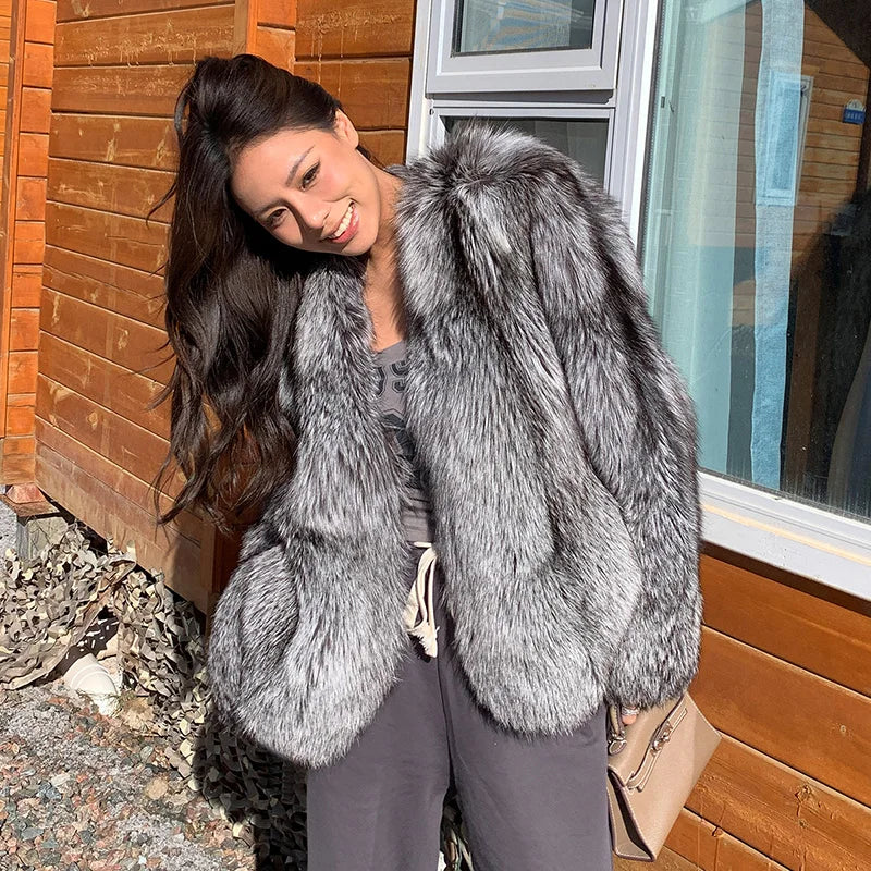 Manteau en vraie fourrure de renard argenté naturel pour femme, veste de luxe à manches longues, de qualité supérieure, hiver
