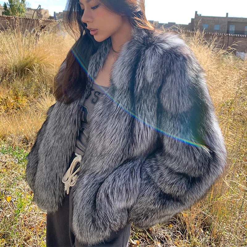 Manteau en vraie fourrure de renard argenté naturel pour femme, veste de luxe à manches longues, de qualité supérieure, hiver