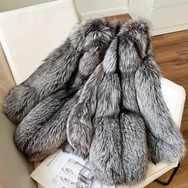 Manteau en vraie fourrure de renard argenté naturel pour femme, veste de luxe à manches longues, de qualité supérieure, hiver