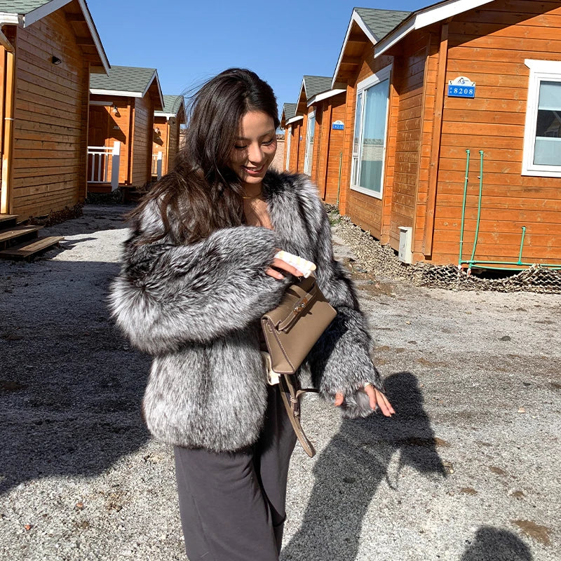 Manteau en vraie fourrure de renard argenté naturel pour femme, veste de luxe à manches longues, de qualité supérieure, hiver