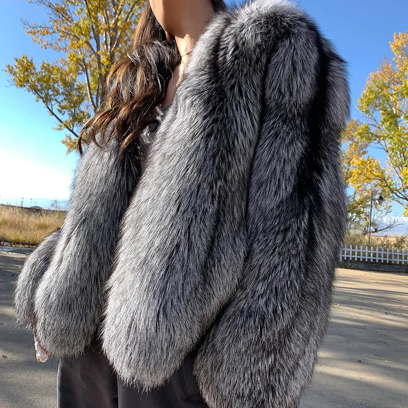Manteau en vraie fourrure de renard argenté naturel pour femme, veste de luxe à manches longues, de qualité supérieure, hiver