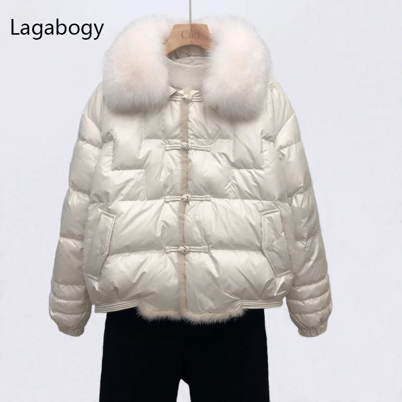 Lagabogy 2025 véritable col de fourrure de renard hiver femmes 90% duvet de canard blanc dame court chaud manteau bouffant femme ample Vintage Parka