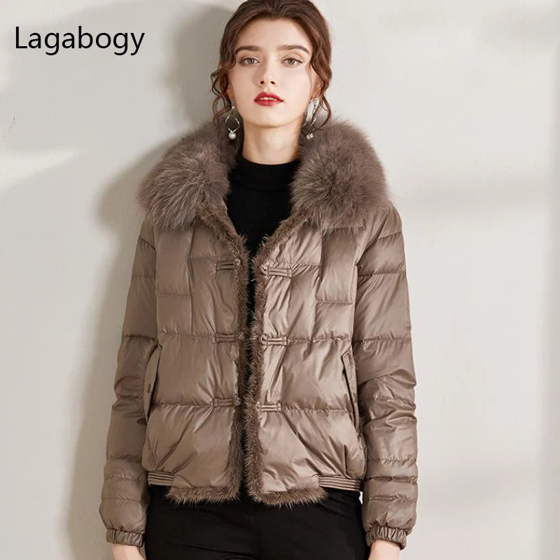 Lagabogy 2025 véritable col de fourrure de renard hiver femmes 90% duvet de canard blanc dame court chaud manteau bouffant femme ample Vintage Parka