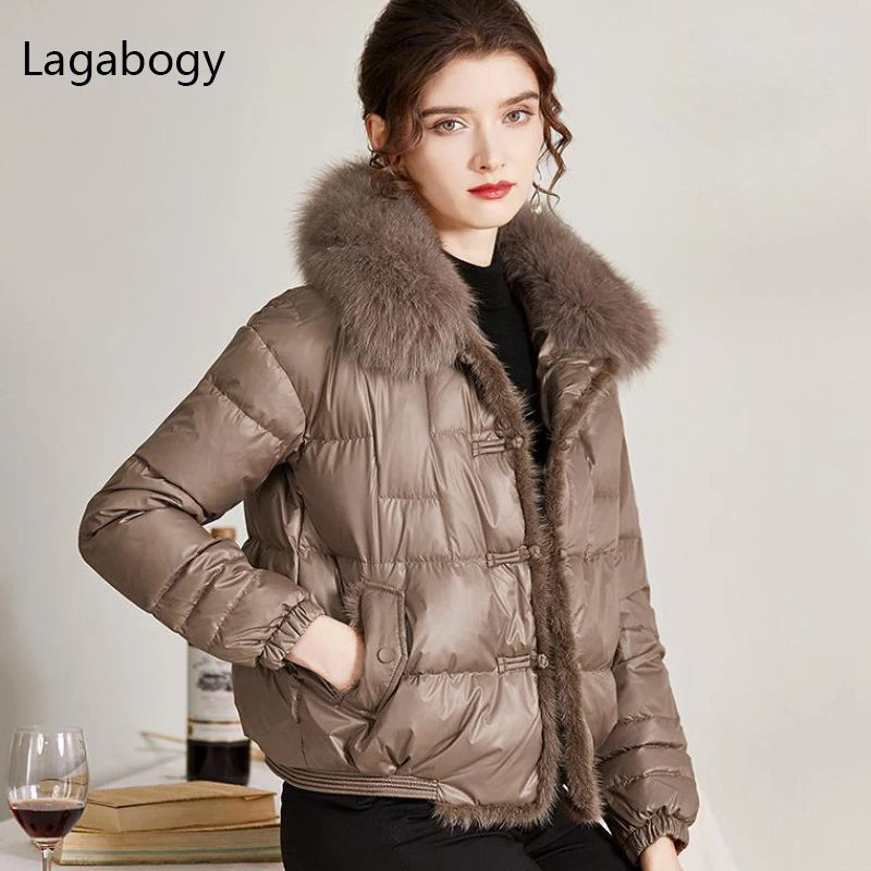 Lagabogy 2025 véritable col de fourrure de renard hiver femmes 90% duvet de canard blanc dame court chaud manteau bouffant femme ample Vintage Parka