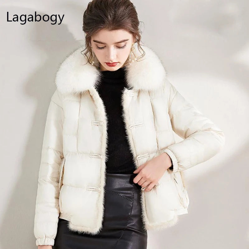 Lagabogy 2025 véritable col de fourrure de renard hiver femmes 90% duvet de canard blanc dame court chaud manteau bouffant femme ample Vintage Parka