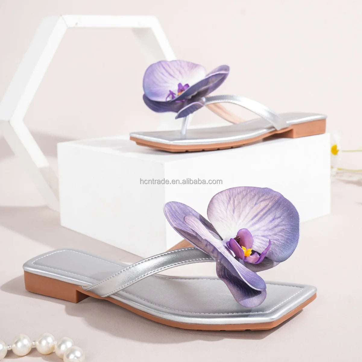 BUSY GIRL XM31 Slides slippers Women Silver Hot pink Orchid Flower  Custom Summer Shoes Outdoor Beach slippers for Ladies