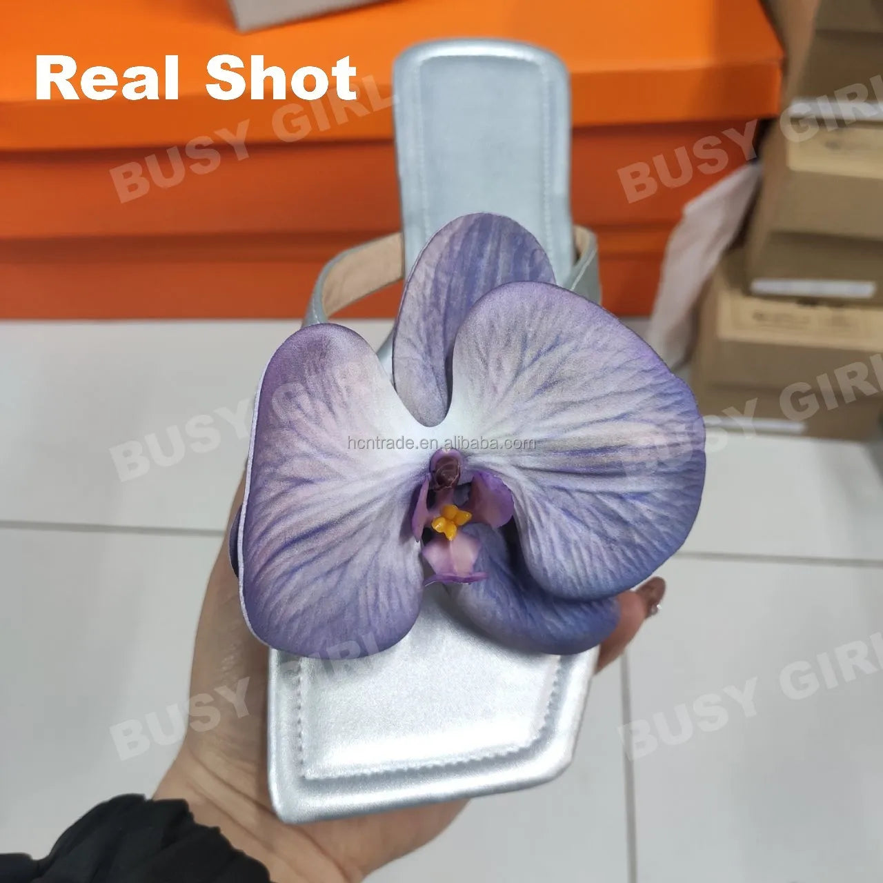 BUSY GIRL XM31 Slides slippers Women Silver Hot pink Orchid Flower  Custom Summer Shoes Outdoor Beach slippers for Ladies