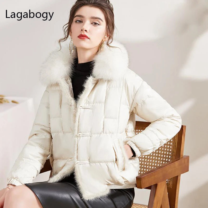 Lagabogy 2025 véritable col de fourrure de renard hiver femmes 90% duvet de canard blanc dame court chaud manteau bouffant femme ample Vintage Parka
