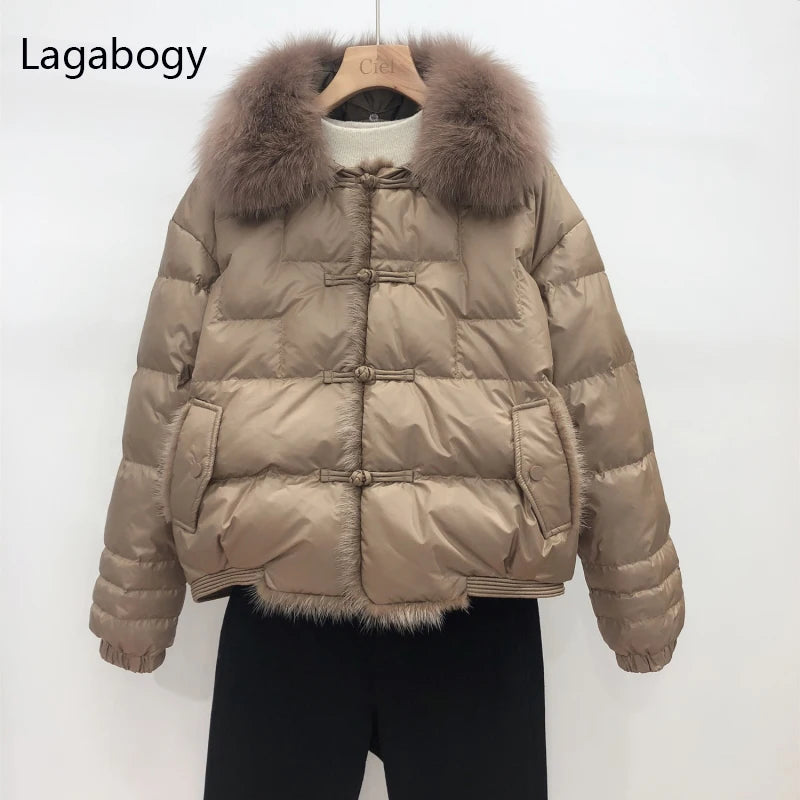 Lagabogy 2025 véritable col de fourrure de renard hiver femmes 90% duvet de canard blanc dame court chaud manteau bouffant femme ample Vintage Parka