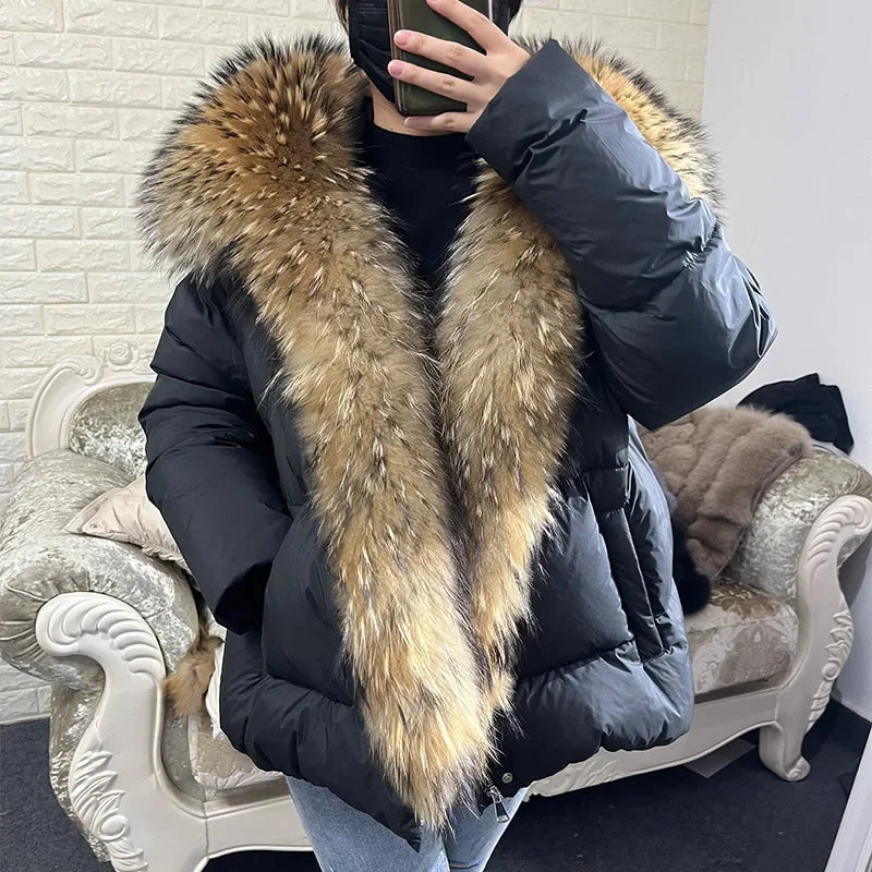 MAOMAOKONG 2024 blanc canard doudoune hiver femmes chaud manteau ample naturel réel col de fourrure de renard épais vêtements d'extérieur de luxe parkas