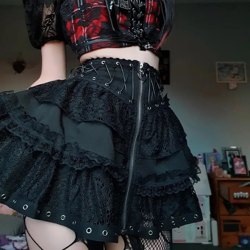 Jupe Punk Vintage à taille haute pour femmes, fermeture éclair sur le devant, Style japonais Kawaii noir Harajuku gothique patineuse Cosplay Mini jupes