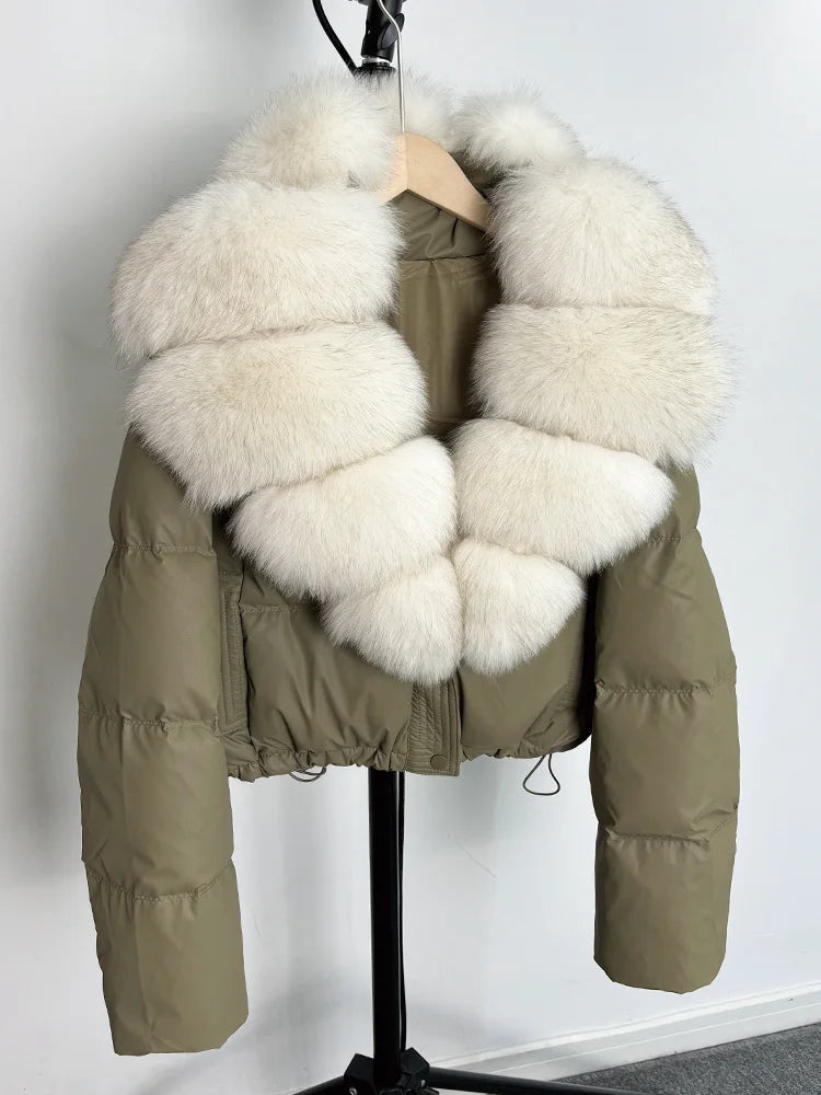 Janveny grand col en fourrure de renard naturel 90% duvet de canard blanc femmes hiver court imperméable PU manteau bouffant femme épais Parkas
