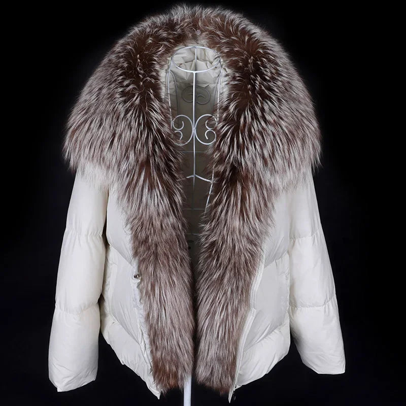 MAOMAOKONG 2024 blanc canard doudoune hiver femmes chaud manteau ample naturel réel col de fourrure de renard épais vêtements d'extérieur de luxe parkas