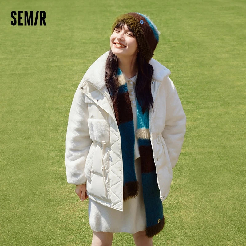 Semir-Doudoune mi-longue en fourrure de lapin épissée pour femme, col montant, veste fine à la taille, hiver, nouveau, 2023