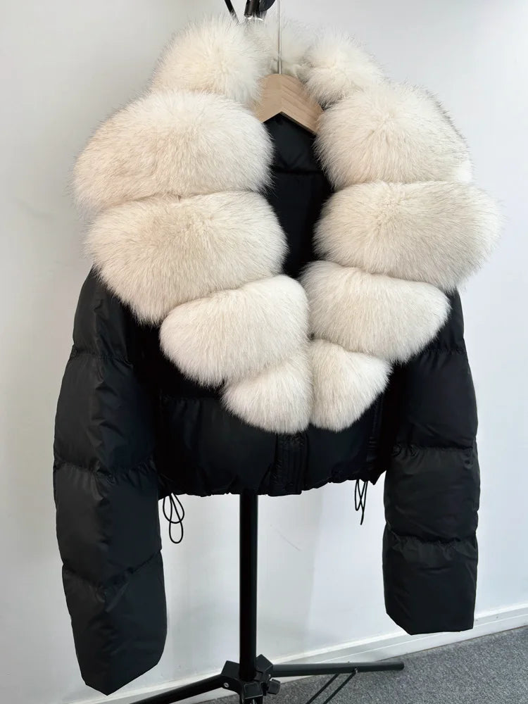 Janveny grand col en fourrure de renard naturel 90% duvet de canard blanc femmes hiver court imperméable PU manteau bouffant femme épais Parkas