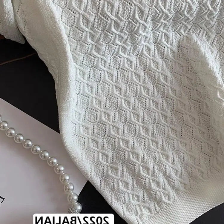 Polo français en soie glacée pour femmes, haut de gamme, Chic, fin, Unique, tricoté en Jacquard, manches courtes, ample, blanc, été