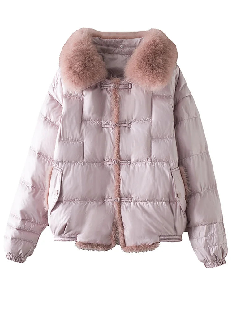 Lagabogy 2025 véritable col de fourrure de renard hiver femmes 90% duvet de canard blanc dame court chaud manteau bouffant femme ample Vintage Parka