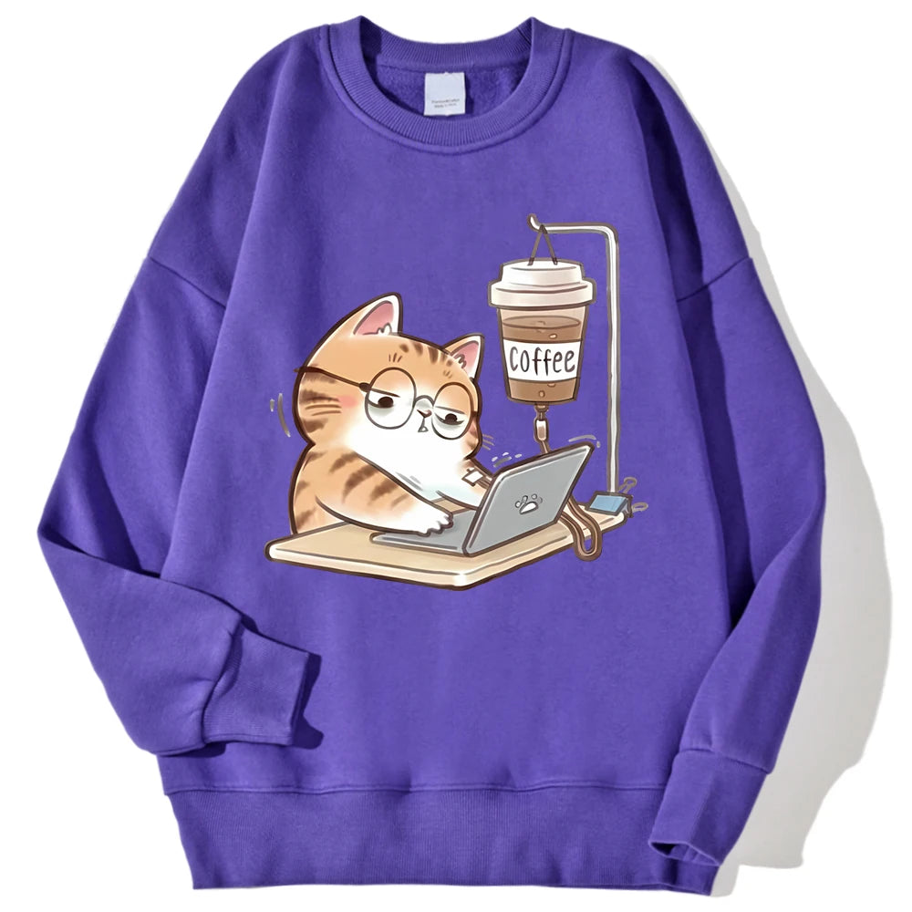 Travailer les chats qui ne peuvent pas faire sans café femmes à capuche ample confortable sweats à capuche Harajuku polaire à capuche mode automne hommes haut