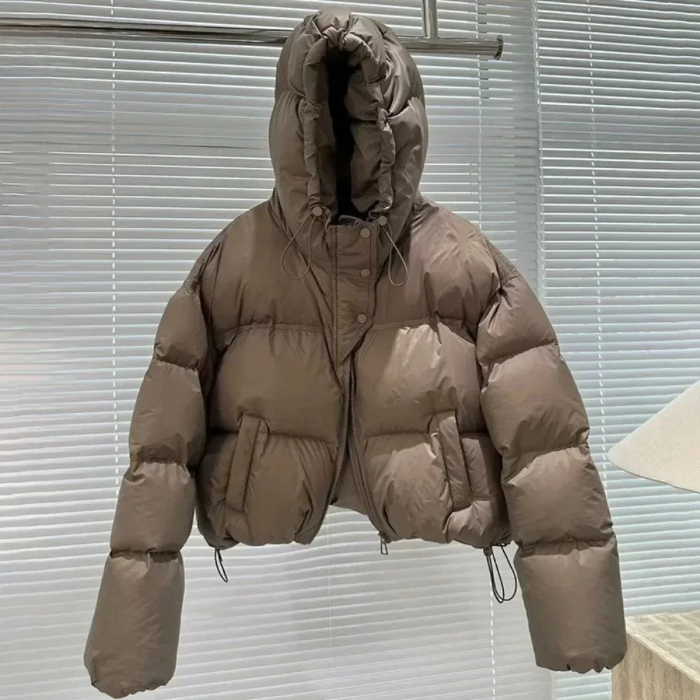 Veste en duvet de canard blanc avec capuche pour femme, manteau chaud surdimensionné, vêtements d'extérieur optiques courts décontractés, nouvelle mode, automne et hiver 2024