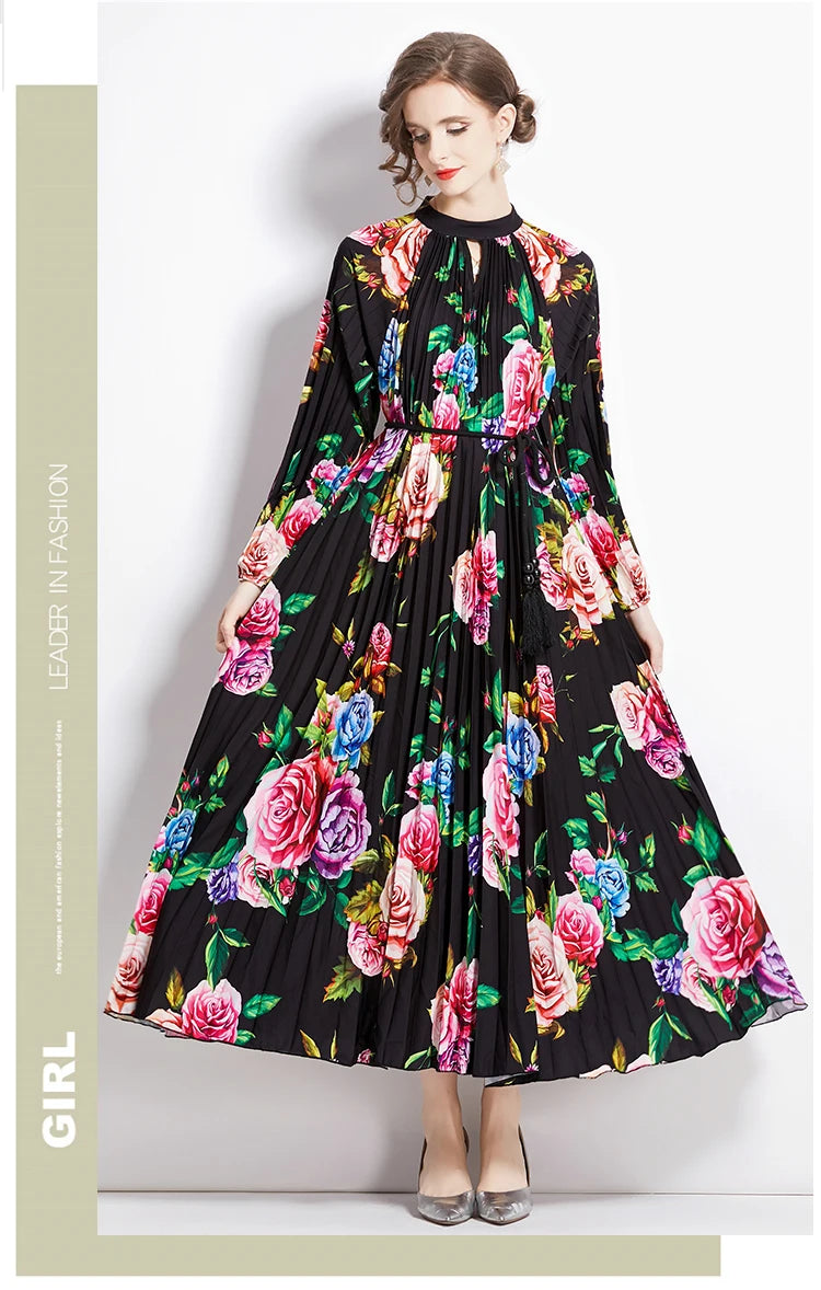 JAMERARY-Robe longue à imprimé floral pour femme, manches longues lanterne, paon de vacances, robe de soirée, robe de soirée, mode éducative, automne