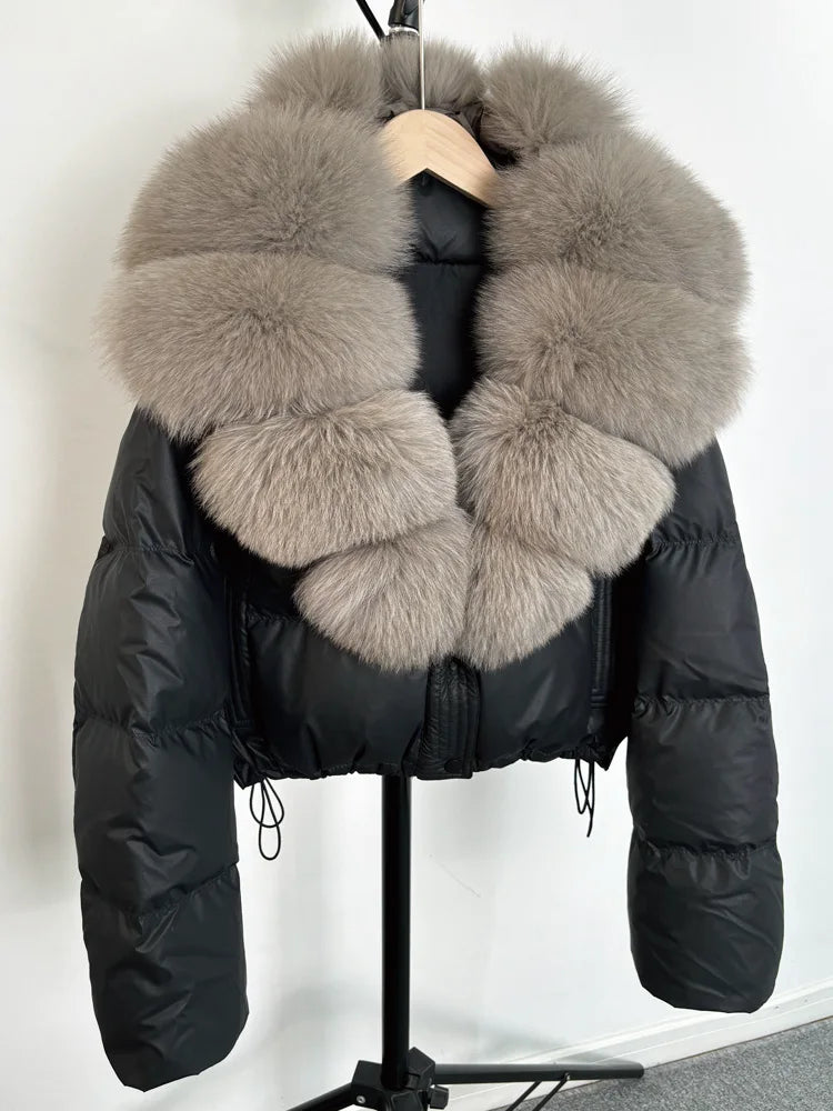 Janveny grand col en fourrure de renard naturel 90% duvet de canard blanc femmes hiver court imperméable PU manteau bouffant femme épais Parkas
