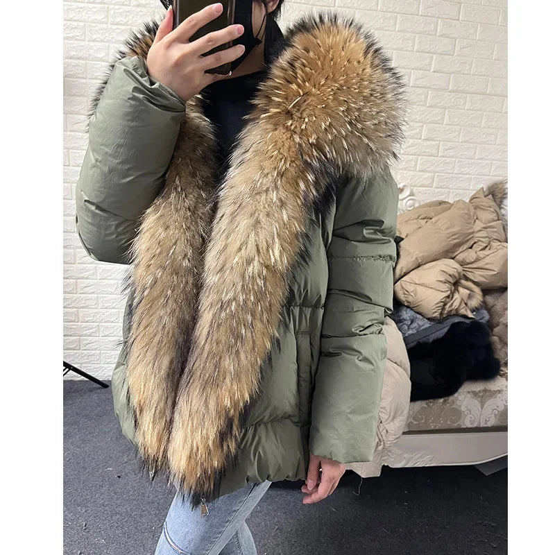 MAOMAOKONG 2024 blanc canard doudoune hiver femmes chaud manteau ample naturel réel col de fourrure de renard épais vêtements d'extérieur de luxe parkas