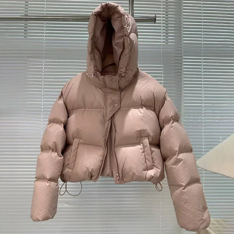Veste en duvet de canard blanc avec capuche pour femme, manteau chaud surdimensionné, vêtements d'extérieur optiques courts décontractés, nouvelle mode, automne et hiver 2024