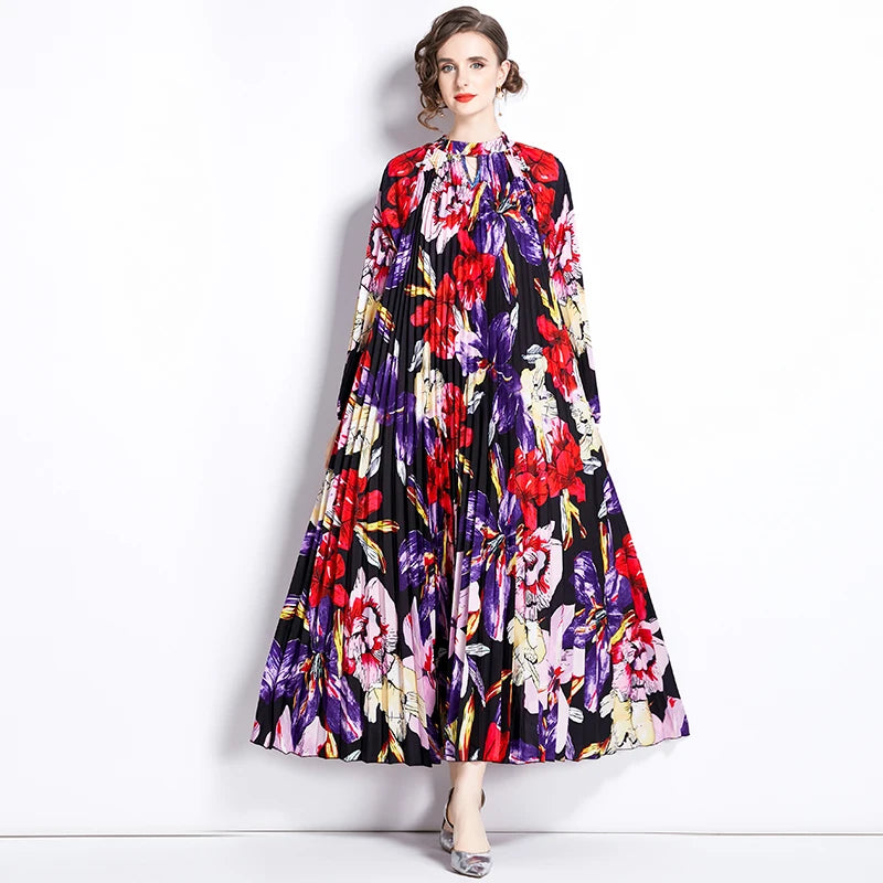 JAMERARY-Robe longue à imprimé floral pour femme, manches longues lanterne, paon de vacances, robe de soirée, robe de soirée, mode éducative, automne
