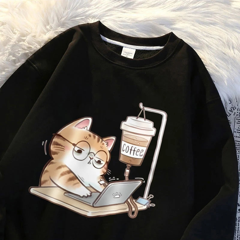 Travailer les chats qui ne peuvent pas faire sans café femmes à capuche ample confortable sweats à capuche Harajuku polaire à capuche mode automne hommes haut