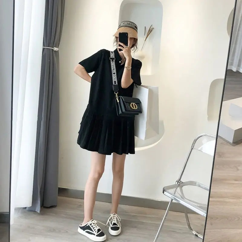 Mini Robe Plissée à Manches Courtes et Col Polo pour Femme, Vêtement Assressentià Tout, Couleur Unie, Grande Taille, Mode Décontractée, Nouvelle Collection Été