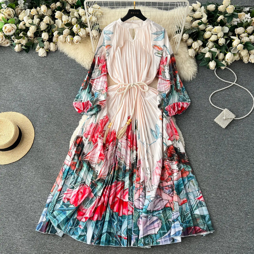 JAMERARY-Robe longue à imprimé floral pour femme, manches longues lanterne, paon de vacances, robe de soirée, robe de soirée, mode éducative, automne