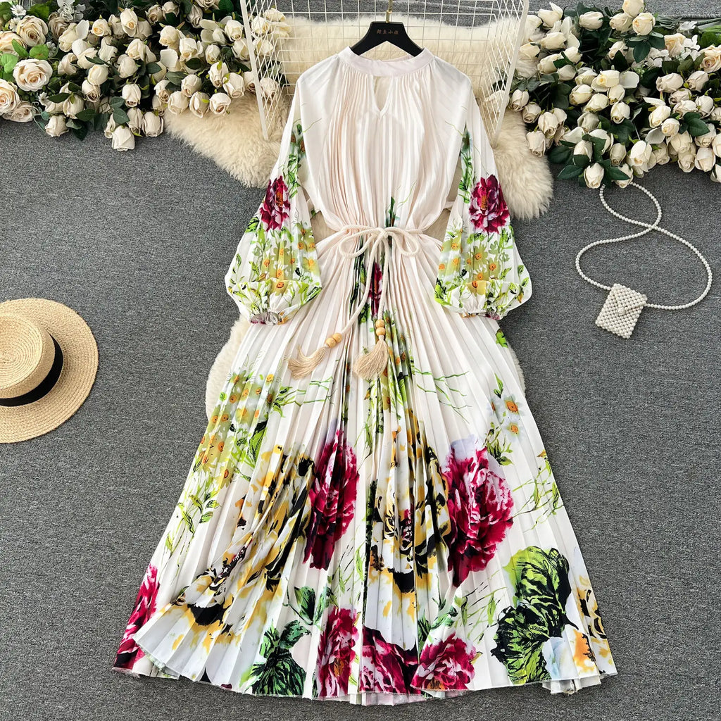 JAMERARY-Robe longue à imprimé floral pour femme, manches longues lanterne, paon de vacances, robe de soirée, robe de soirée, mode éducative, automne