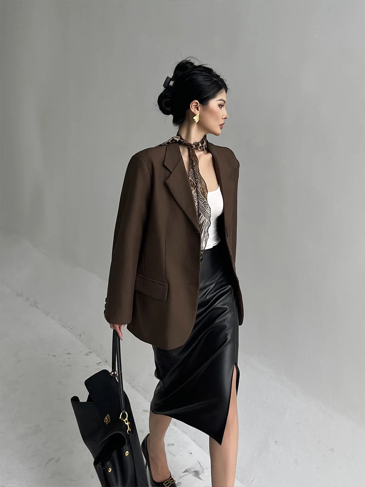 Veste décontractée à manches longues pour femme, manteau imbibé haut de gamme, blazers design à la mode, haut marron pour femme de bureau, Y7CS, nouveau, 2024