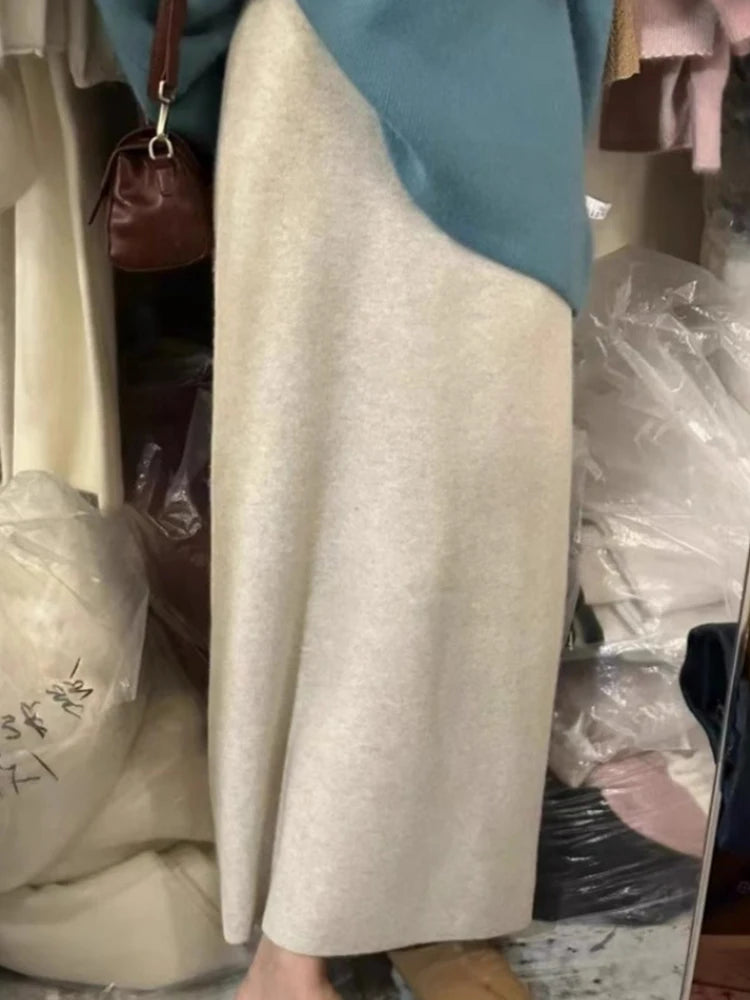 Jupes mi-longues en laine pour femmes, mode décontractée, couleur unie, ample, Streetwear, taille haute, jupes droites tricotées, nouvelle collection automne hiver 2024