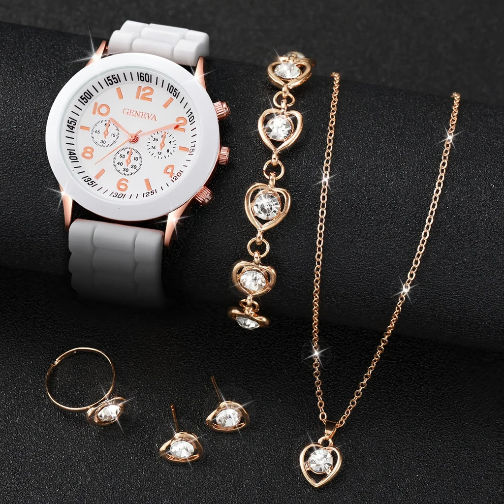 Montre à quartz analogique décontractée pour femme, bracelet en silicone, biscuits, ensemble de bijoux coeur, sans boîte, 6 pièces par ensemble