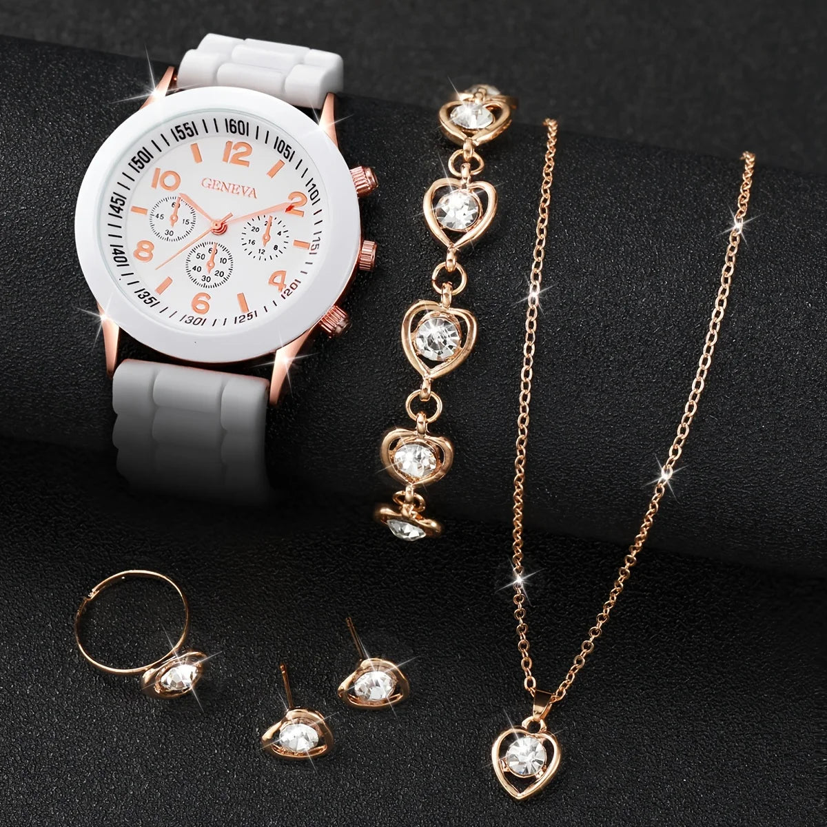 Montre à quartz analogique décontractée pour femme, bracelet en silicone, biscuits, ensemble de bijoux coeur, sans boîte, 6 pièces par ensemble