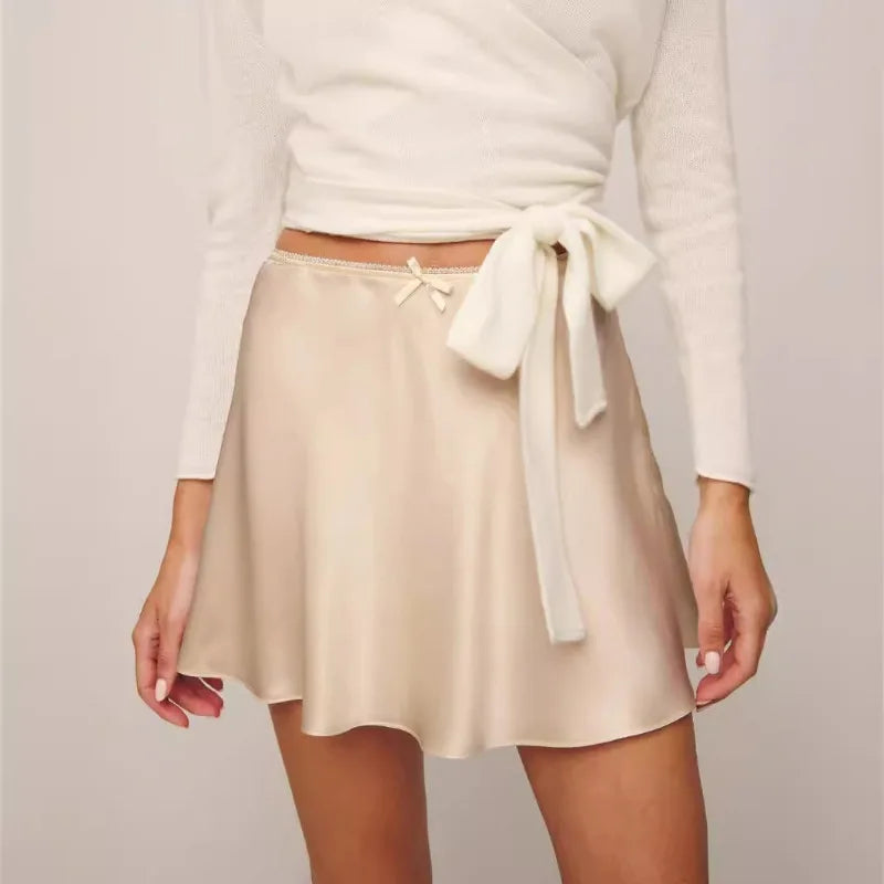 Robe courte décontractée en satin pour femme, mini jupe, taille haute, élastique, vintage, solide, document, mode féminine, été, 2024