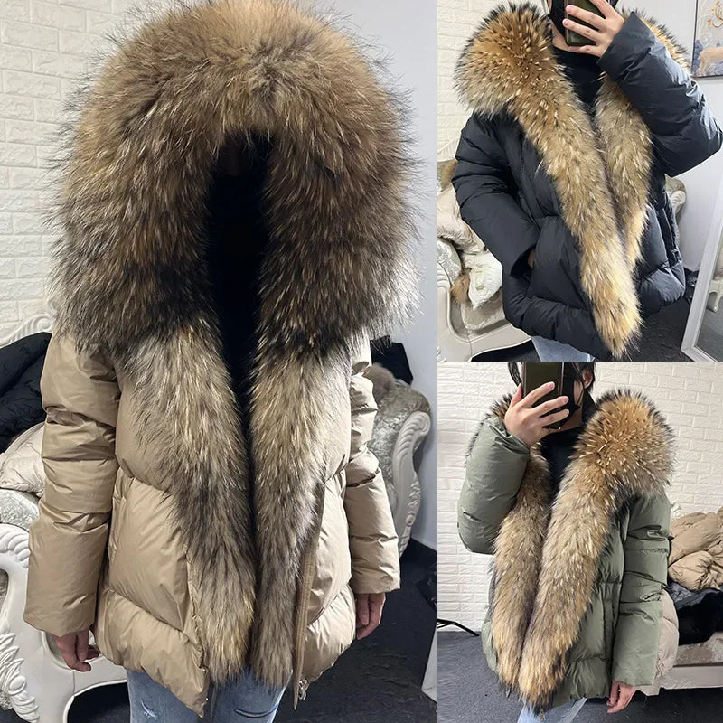 MAOMAOKONG 2024 blanc canard doudoune hiver femmes chaud manteau ample naturel réel col de fourrure de renard épais vêtements d'extérieur de luxe parkas