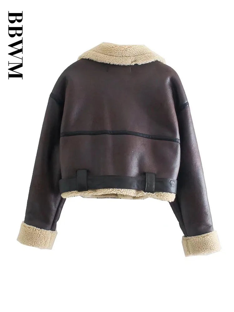 TARF-Veste en Fausse Peau de Mouton pour Femme, Manteau Vintage à Manches sulf, Ourlet Ceinture, Mode Optique, OupillChic, Y-Chic