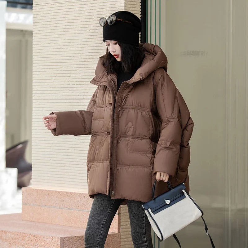 Veste en duvet de canard blanc avec capuche pour femme, vêtements d'extérieur décontractés, manteau vintage, surdimensionné, chaud, automne, hiver, nouveau, 2024