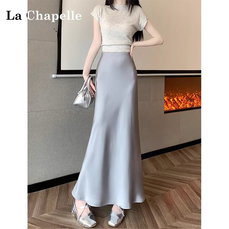 Jupe longue en satin taille haute pour femme, jupe midi, mince, monochromatique, champagne, noir, mode coréenne, été, 2024