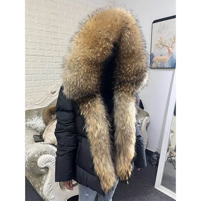 MAOMAOKONG 2024 blanc canard doudoune hiver femmes chaud manteau ample naturel réel col de fourrure de renard épais vêtements d'extérieur de luxe parkas