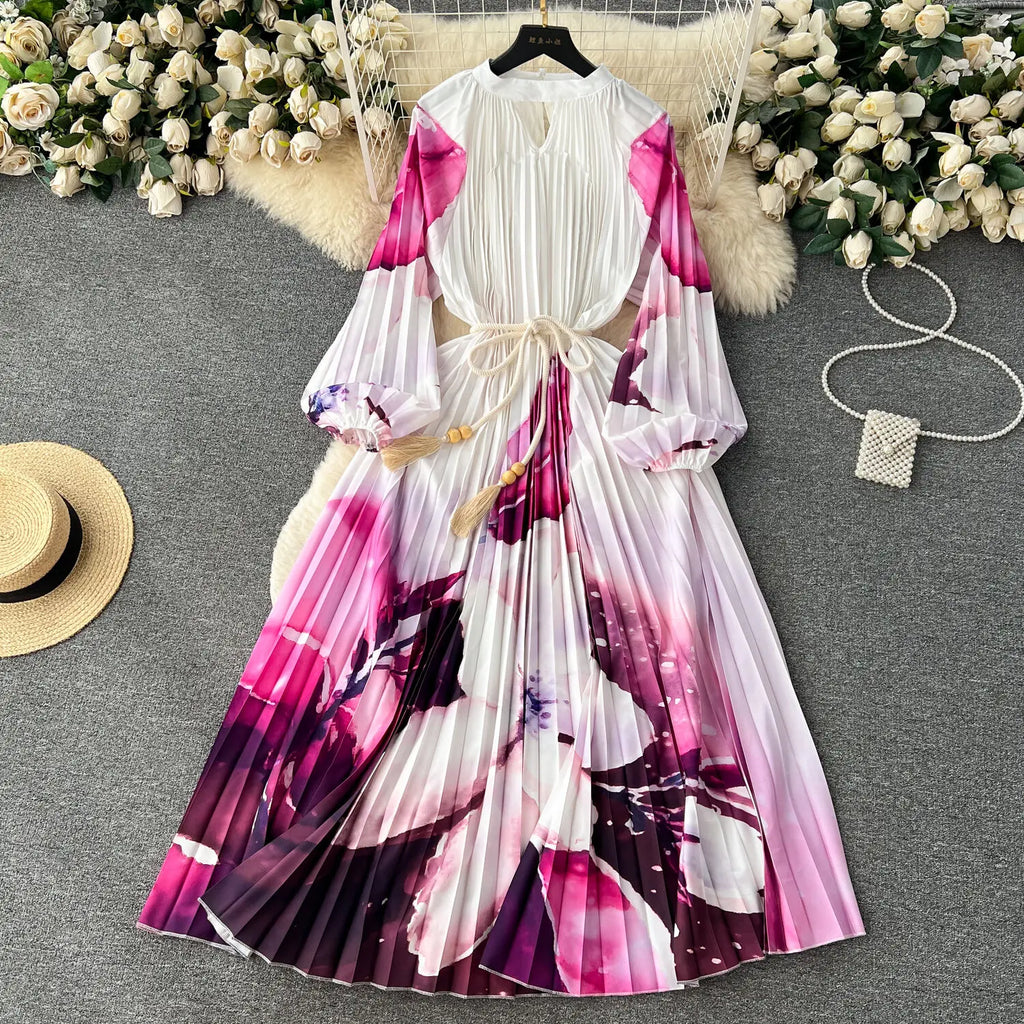JAMERARY-Robe longue à imprimé floral pour femme, manches longues lanterne, paon de vacances, robe de soirée, robe de soirée, mode éducative, automne