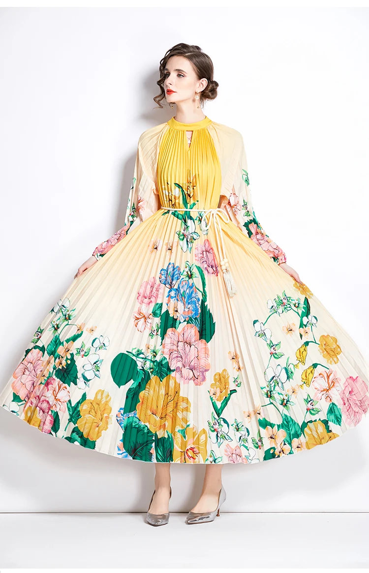 JAMERARY-Robe longue à imprimé floral pour femme, manches longues lanterne, paon de vacances, robe de soirée, robe de soirée, mode éducative, automne