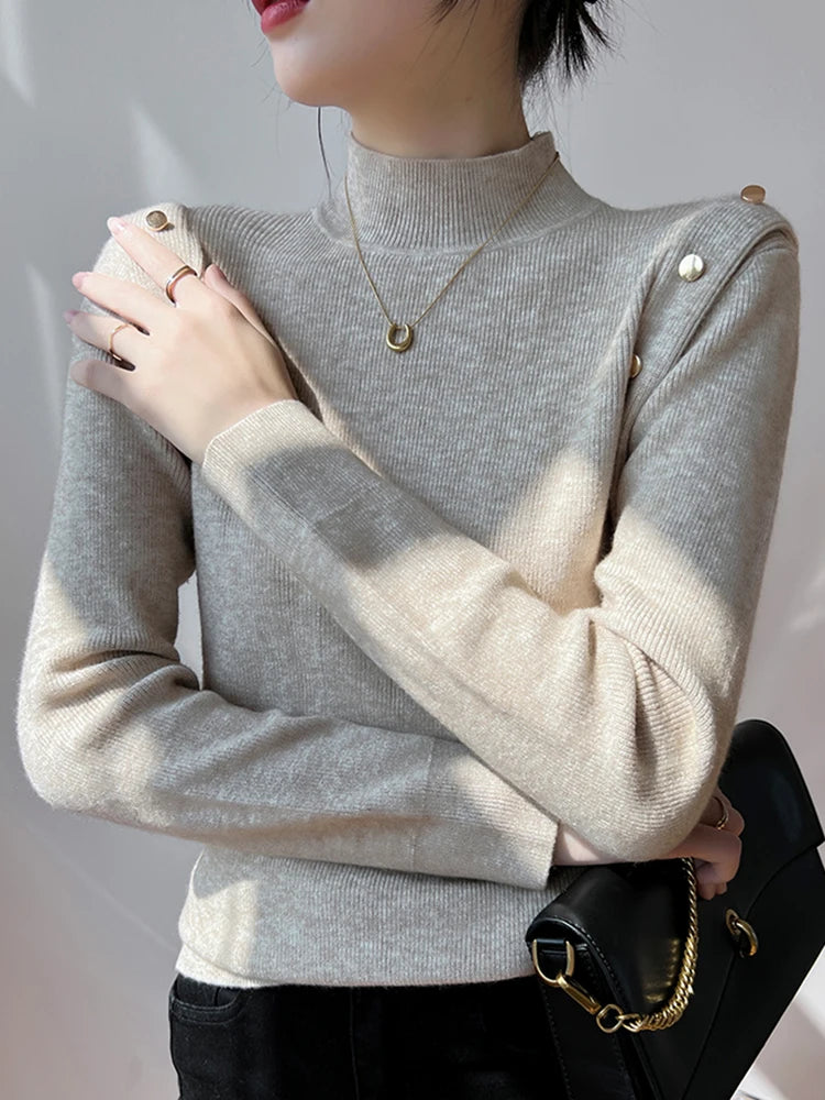 Pull à col roulé à manches longues pour femmes, boutons coréens, pulls minces doux et chauds, tricots féminins, monochromatique, automne, hiver