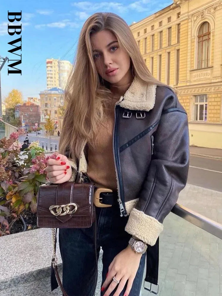 TARF-Veste en Fausse Peau de Mouton pour Femme, Manteau Vintage à Manches sulf, Ourlet Ceinture, Mode Optique, OupillChic, Y-Chic