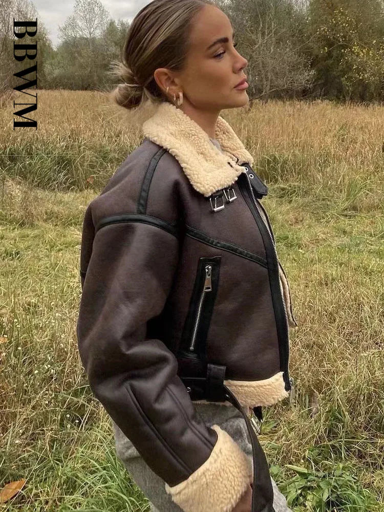 TARF-Veste en Fausse Peau de Mouton pour Femme, Manteau Vintage à Manches sulf, Ourlet Ceinture, Mode Optique, OupillChic, Y-Chic