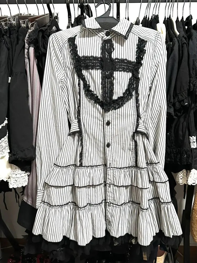 Robe Lolita en dentelle pour femmes, Style gothique japonais, avec nœud rayé, chemise à bandes, Slim, esthétique Y2k, Mini robes de soirée, Design